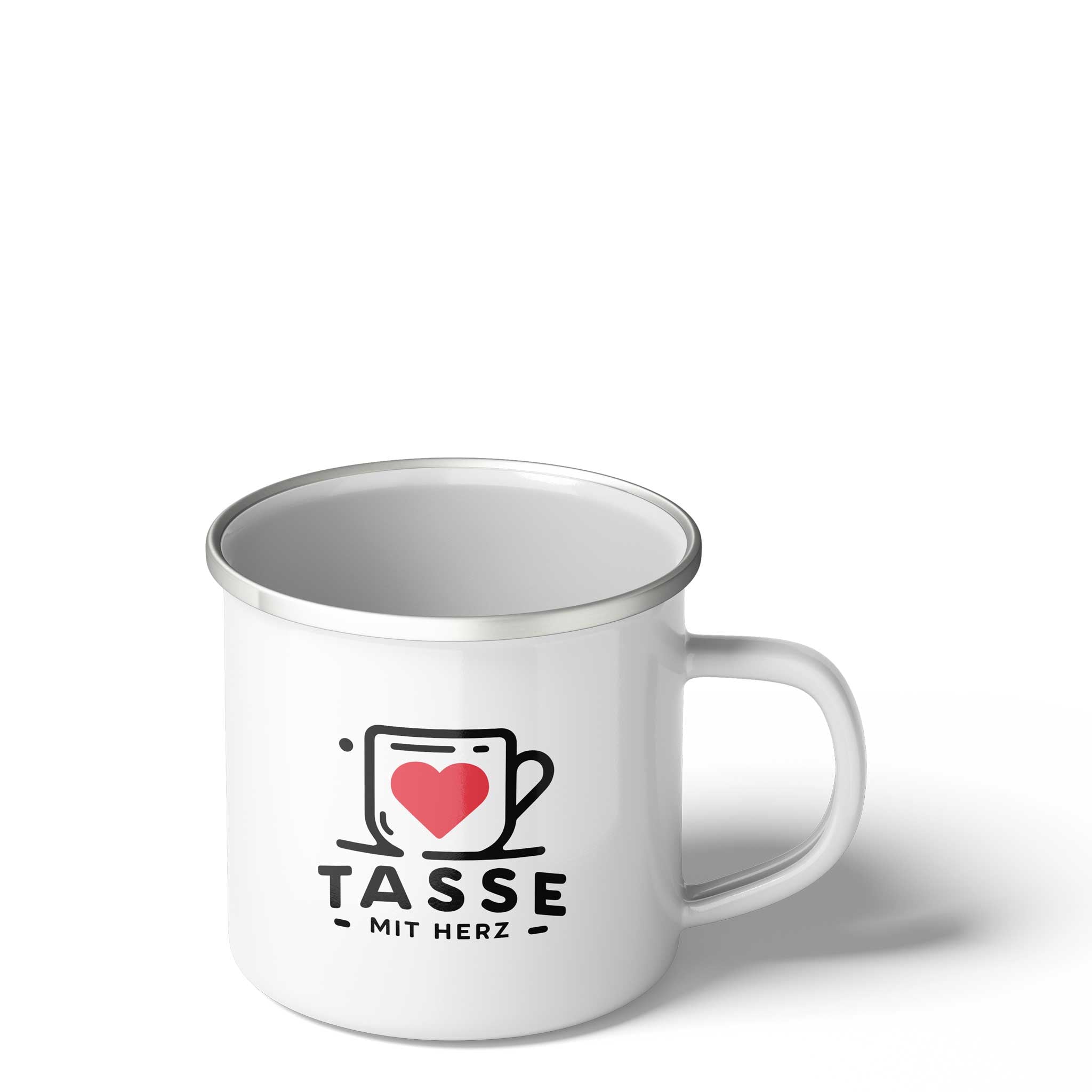Weiße Emaille-Fototasse im Retro-Look mit Edelstahlrand, personalisierbar mit Foto