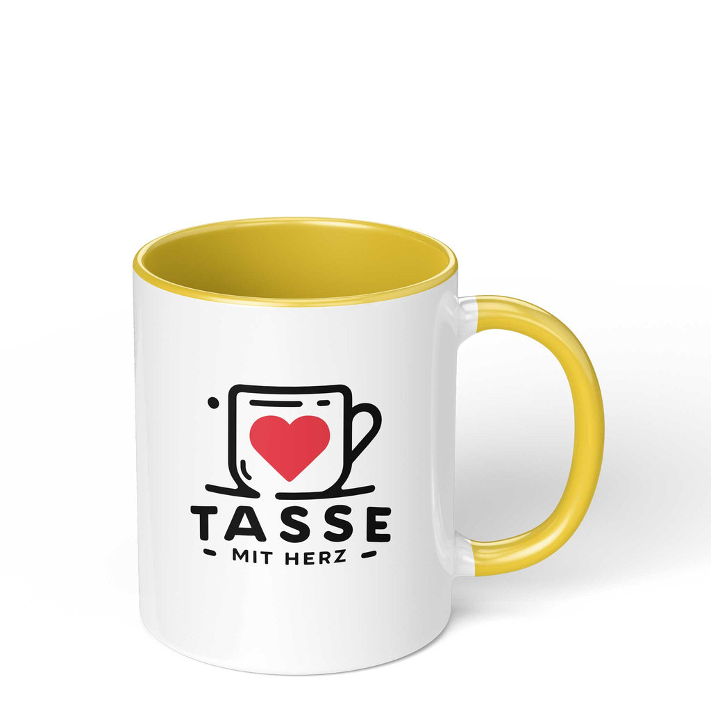 Weiße Fototasse mit gelber Innenseite und Henkel, personalisierbar mit Foto
