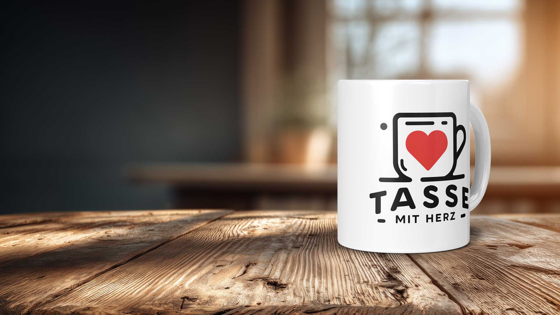 Eine weiße Keramiktasse mit dem Logo „Tasse mit Herz“ steht auf der rechten Seite eines rustikalen Holztisches vor einem hellen, gemütlichen Hintergrund.