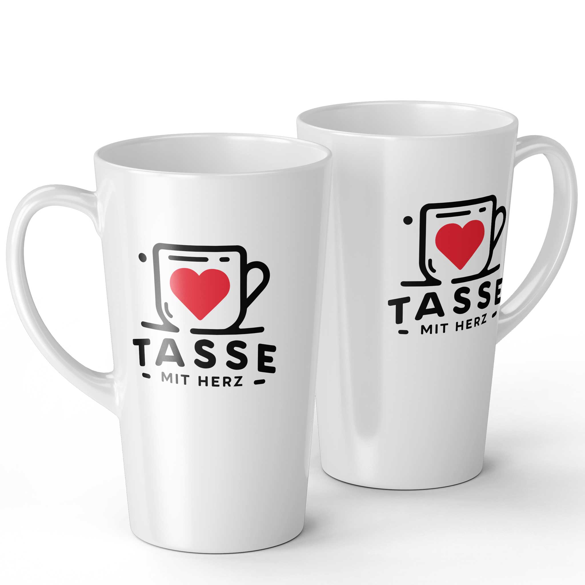 Zwei weiße Latte-Macchiato-Fototassen nebeneinander, personalisierbar mit Foto