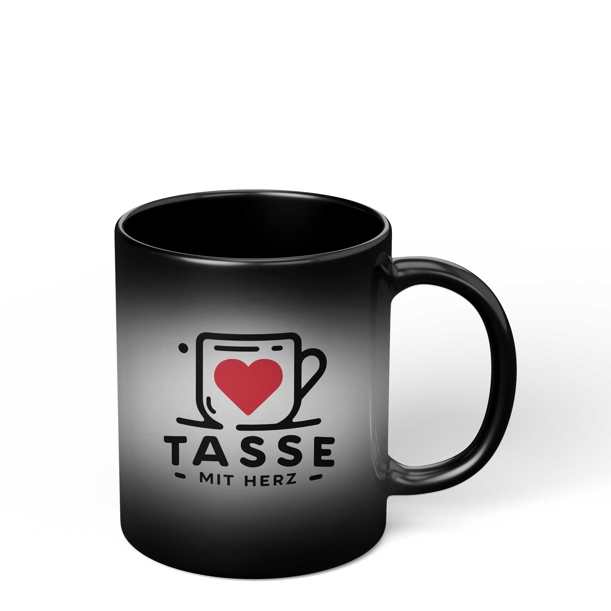 Schwarze Zaubertasse mit Farbwechsel, personalisierbar – Foto erscheint bei Wärme
